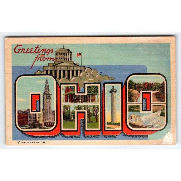 Greetings From Ohio Large Big Letter Linen Postcard Curt Teich Vintage - Picture 1 of 2